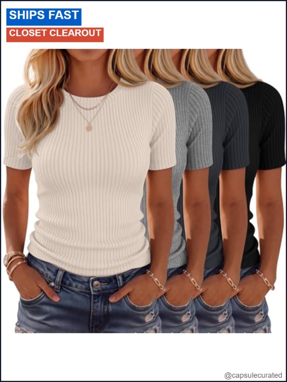 Ribbed T-Shirts Slim Fitted Crew Neck Short Sleeve Cotton Blend 4 Pack